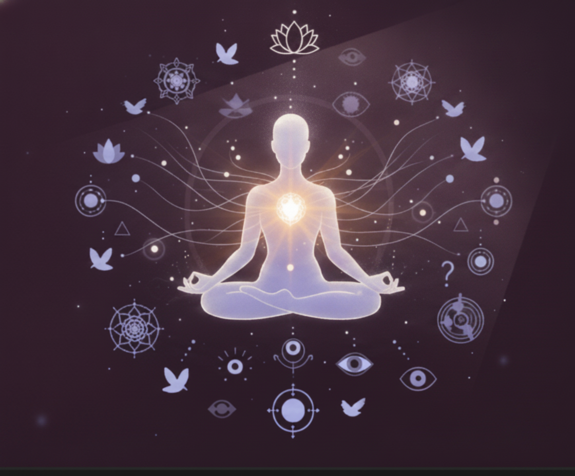Meditating figure surrounded by esoteric symbols